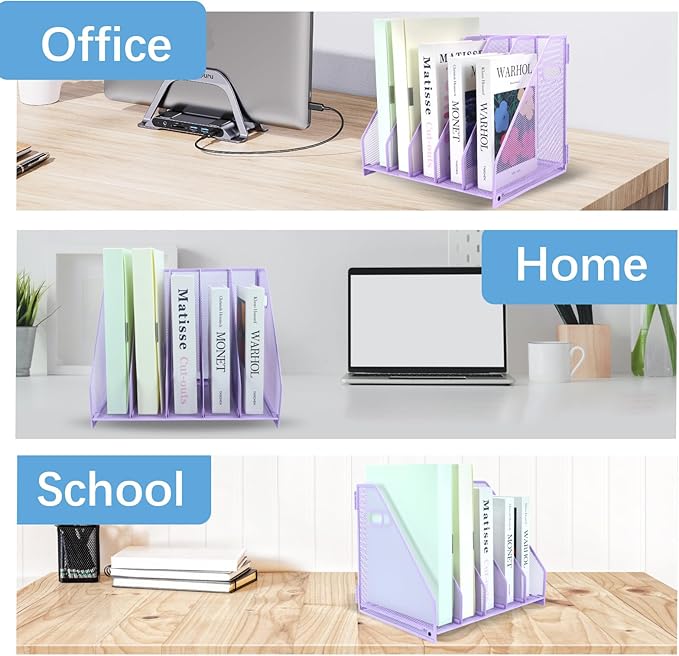 Desk Organizers Metal Magazine File Holder Racks Desktop Folder Storage Binder Organiser Document Organization for Home Office & Classroom,5 Vertical Compartments-Purple