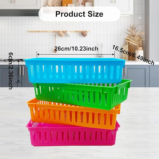 KWAGOCAR 8 Pack Classroom Storage Baskets Bins Colorful Plastic Organizer Basket Small Pencil Holder Tray Mesh Bins for Paper Desk Shelf Home School Office Arts Crafts Toy File Organization