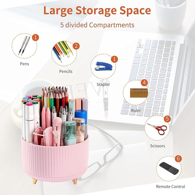 Pencil Pen Holder for Desktop, 360 Degree Rotating Pencil Holder for Desk Organizer, 5 Slots Rotating Desk Pen Organizer for Office School Home, Pink