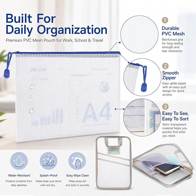 7-Pack Mesh Zipper Pouch with 1 Organizer Bag, A4 Size (13x9.4) Clear Waterproof File Bags, Fits 14 Inch Laptop, Professional Office & College Organizing System (8pcs)
