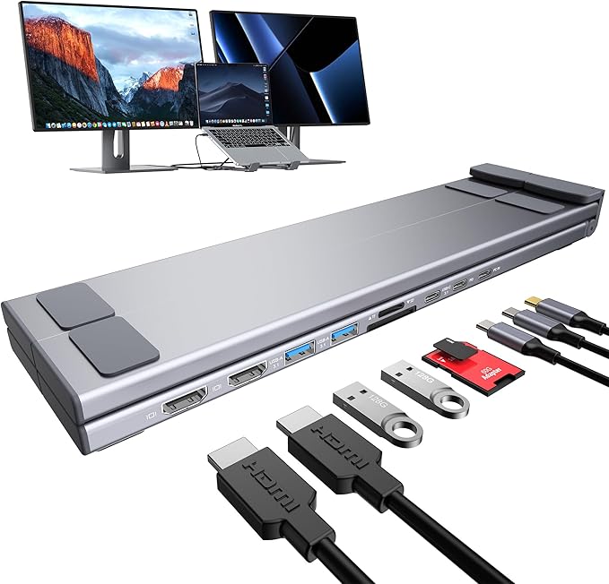 USB C Laptop Docking Station Stand, Dual Monitor 4K@60Hz, 9 in 1 USB C Hub with 2 HDMI, 2 USB 3.0, PD 100W, Universal Dock Station for MacBook Pro/Air/Dell/HP/Surface/Lenovo