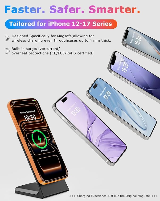 Magnetic Phone Charger Stand, Hands-Free Phone Holder, for iPhone 17-12 Samsung S26/S25 Google Pixel 10, Ideal for Office Desktop Nightstand, Qi-Certified, Matt Black, No Adapter