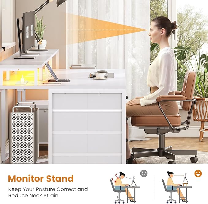 SEDETA White Computer Desk with 5 Drawer & Power Outlet, 75'' Home Office Desk with File Drawer, Storage Shelves, Printer Cabinet and Monitor Shelf, Gaming Desk with Led Lights, 23.6" W Desktop