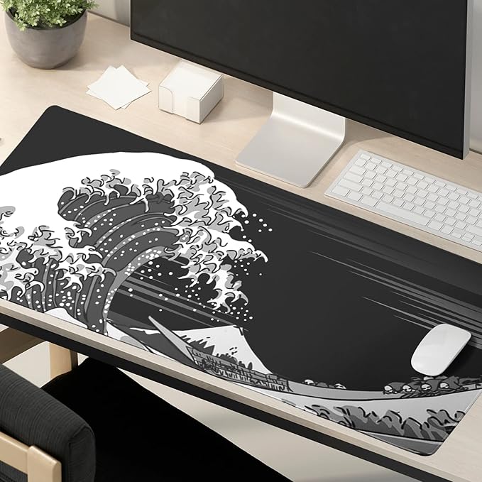 Extended Large Gaming Mouse Pad 31.5x11.8 in Desk Mat Mouse Pads，Japanese Sea Wave Laptop Mousepad PC Keyboard Waterproof and Non-Slip XL Rubber Table Mat Black and White Kanagawa Surfing