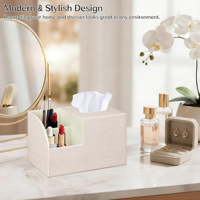 Square Tissue Box Cover with Storage, PU Leather Cube Tissue Box Holder, Remote Control Nightstand Organizer, Modern Desk Caddy for End Table, Bathroom, Bedroom, Home, Office Decor