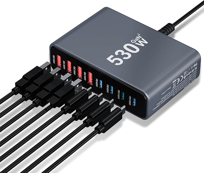 USB C Charger 530W USB C Charger Block,Upgraded GaN IV 8-Port Charging Station Hub,Travel Essentials 140W Fast Charging Laptop Adapter for MacBook Pro/Air,DELL,Steam Deck,iPhone 17/16,Galaxy S25/24