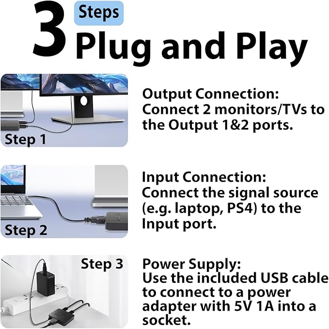 Cyberguys! HDMI Splitter 1 in 2 Out, Mirror Mode Only 4K HDMI Hub 2.0 Video Duplicator with 2.5ft USB Power Cable and Adapter, Supports 4K@60Hz UHD for TV, Monitor, Projector, PS4, Xbox, Blu-Ray