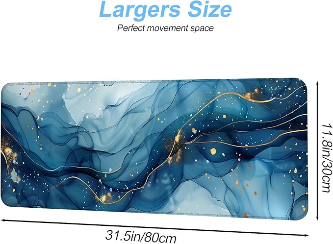 Marble Mouse Pad XXL – Large Blue Gold Marble Texture Desk Mat, Extended Non-Slip Mousepad for Office, Home, Workstation, Elegant Aesthetic Decor,31.5 x 11.8 in