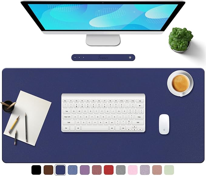 TOWWI PU Leather Desk Pad with Suede Base, Multi-Color Non-Slip Mouse Pad, 32” x 16” Waterproof Desk Writing Mat, Large Desk Blotter Protector (Dark Blue)