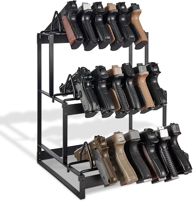 Poyilooo Pistol Rack, 2Tier Portable Pistol Rack for Gun, Hold Up 12 Handguns Pistol Stand for Gun Storage, Pistol Holder for Gun Heavy Duty Steel Gun Rack for Shot Exhibitior Retail Shop Home Office