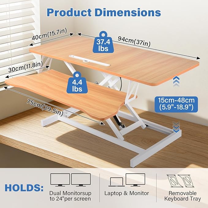 37" Height Adjustable Standing Desk Converter, Two Monitor Stable Stand up Desk Converter, 5.9"-18.8" Height Adjustable Laptop Workstation with Keyboard Tray, Desktop Riser for Home and Company