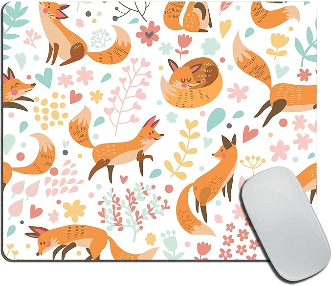 Mouse Pad,Cute Foxes and Flowers Mouse Pad, Mouse Mat Square Mouse Pad Non-Slip Rubber Base MousePads for Office Laptop, 9.5"x7.9"x0.12" Inch