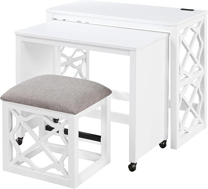3-Piece Computer Gaming Desk Set with Rolling Desk and Stool, Home Office Corner Desks, Bedroom Craft Study Table, Adjustable Work Standing Desks for Home Office Furniture,White