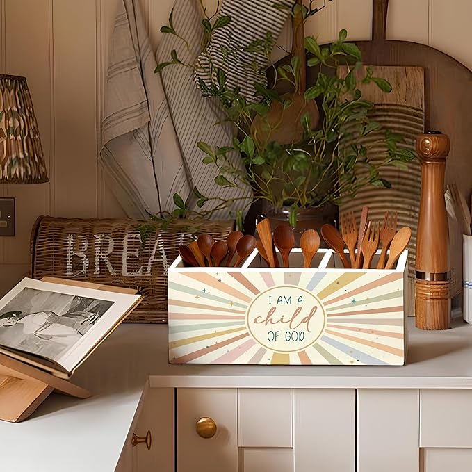 Boho Sunshine Christian Pen Holder, Christian Gifts Pencil Holder for Desk, I Am a Child of God Bible Verse Wooden Box Sign Decorations for Kids Nursery Room Bedroom Classroom Desk Tabletop