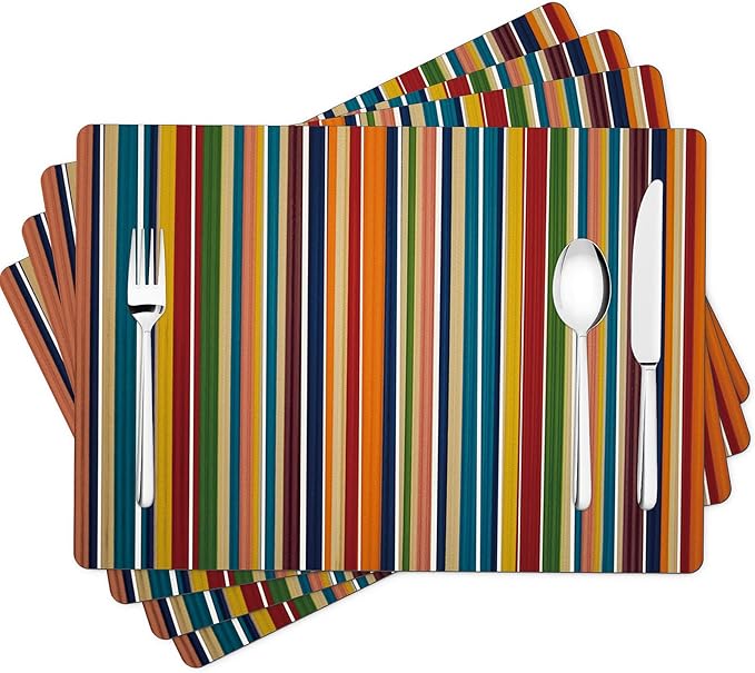 Colorful Stripes Placemats Set of 4, Rainbow Vertical Stripe Faux Leather Heat Resistant Non-Slip Wipe Clean Waterproof Table Place Mats Set for Indoor Outdoor Kitchen Dining Table, 17" x 12"