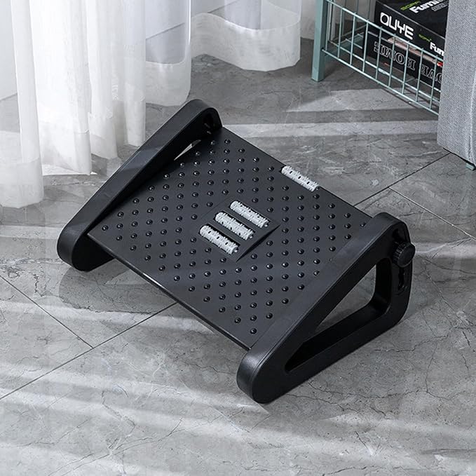 Foot Stool Under Desk,Featuring a Massage Roller,‌Ergonomic Design‌,6-Position Incline Adjustment,to Relieve Leg Fatigue in Seated workspaces.