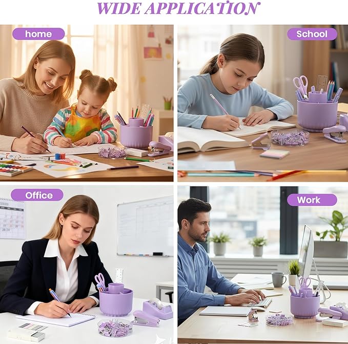 Purple Desk Accessories, 11Pcs Desk Organizer with 360°Rotating Pen Holder, Stapler, Staples, Staple Remover, Pen, Ruler, Tape Dispenser, Tape, Clips, Scissor, Notes, Office Supplies