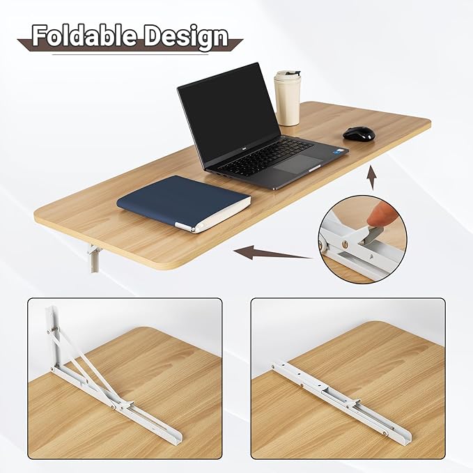 Neoaider Wall Mounted Folding Table 47.2”L x 19.7”W, Laundry Folding Table with Heavy Duty Metal Collapsible Shelf Brackets, Wall Mounted Desk Fold Down for Small Spaces, Wood Color