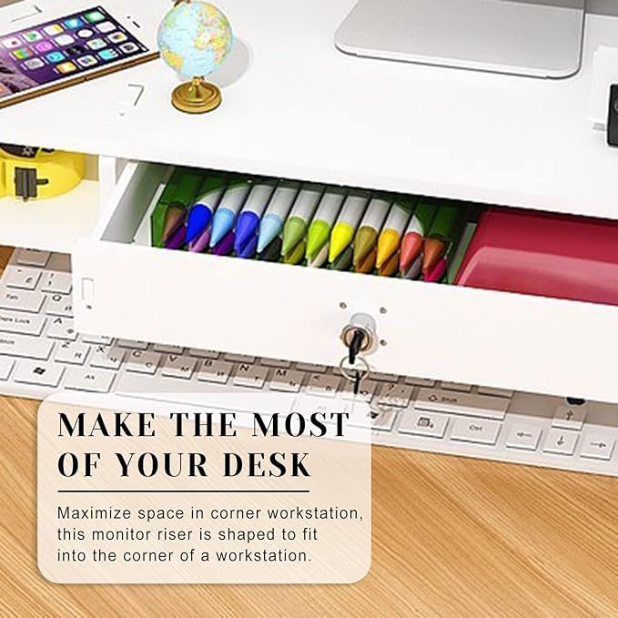 ROYUMI White Corner Monitor Riser with Drawer, Triangle Screen Stand with Lock, Ergonomic Computer Monitor Stand, Triangle Storage Desk Stand