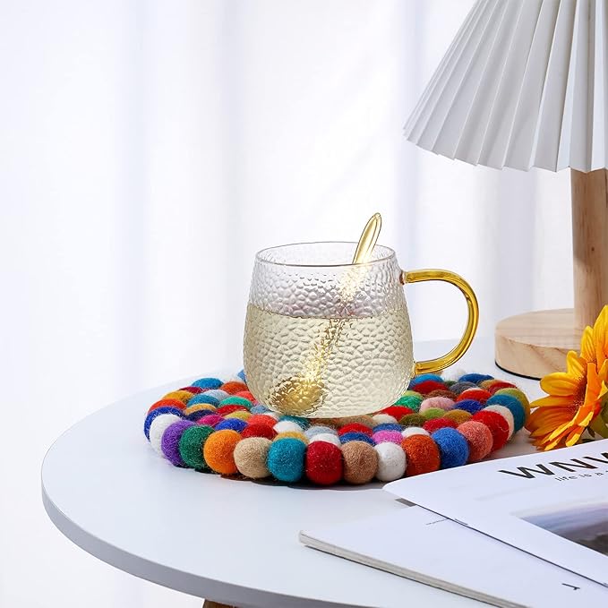 2 Pieces Felt Ball Trivet Round Felt Ball Coasters Handmade Trivet Multi Color Pot Mat Colorful Hot Plate Holder Heat Resistant Pot Holder for Table Desk Kitchen Decor Accessories