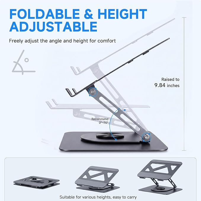 Leeboom Adjustable Laptop Stand for Desk, Ergonomic Height Adjustable Riser, Lecterns & Podiums, 360 Rotating & Foldable, Ventilated Cooling, Fits up to 17.3" Laptops (Gaming Laptops), Dark Silver