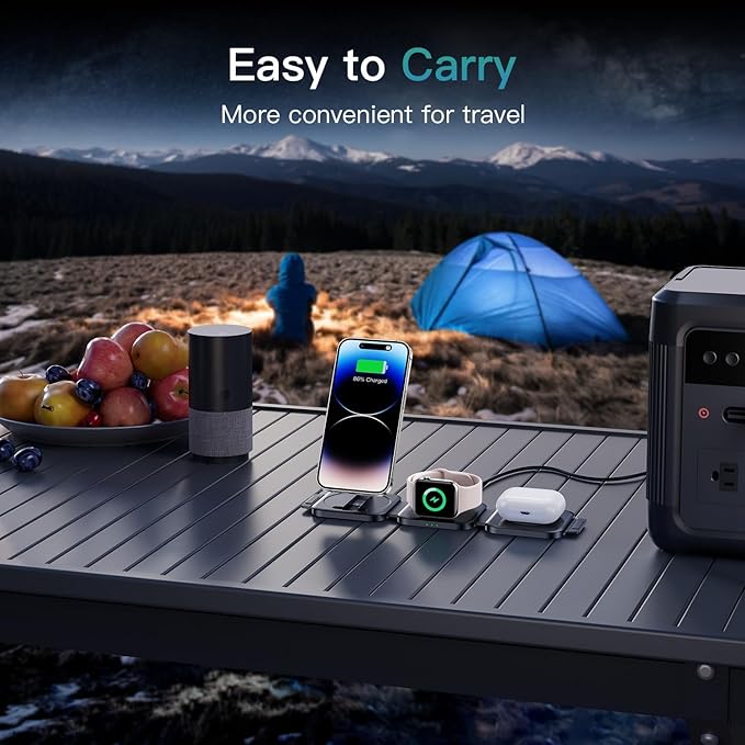 Travel Essentials for Apple Watch Charger,3 in 1 Charging Station for Apple Devices,Foldable Wireless Charging Station for iPhone 17/16/15/14/13/12, Apple Watch & AirPods with Magsafe Charger Stand