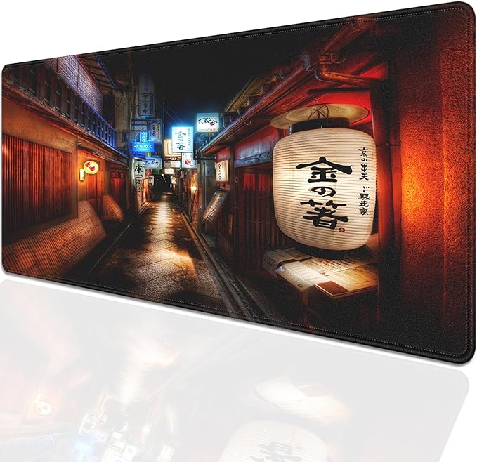 Japanese Street Lantern Large Mouse Pad Desk Pad, 27.5x11.8in Tokyo Night Scene Extended Keyboard Mousepad with Stitched Edges, Non-Slip Waterproof Rubber Base for Office, Computer, Laptop & Home