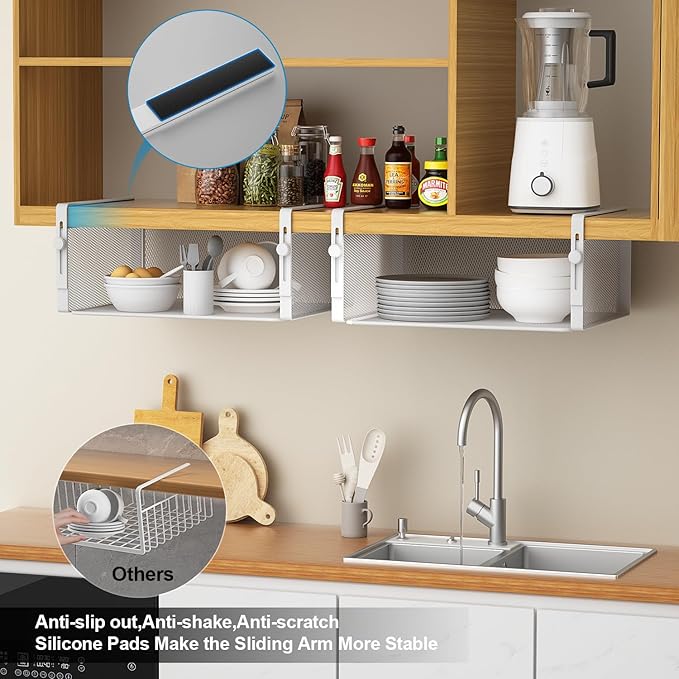 AmonHouseware 2Pack Under Shelf Basket Organizer,Adjustable Hanging Holder for Cabinet Pantry Kitchen Cupboard Desk Counter Bookshelf Organization Add-on Space Saver Heavy Duty Slide-in (White, Large)