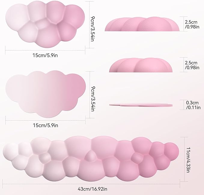 TECKNET Cloud Keyboard Wrist Rest Set, Cloud Wrist Rest with Non-Slip Base, PU Leather Wrist Pad for Keyboard with Ergonomic Memory Foam for Computer Laptop Office Gaming & Pain Relief, Gradient Pink