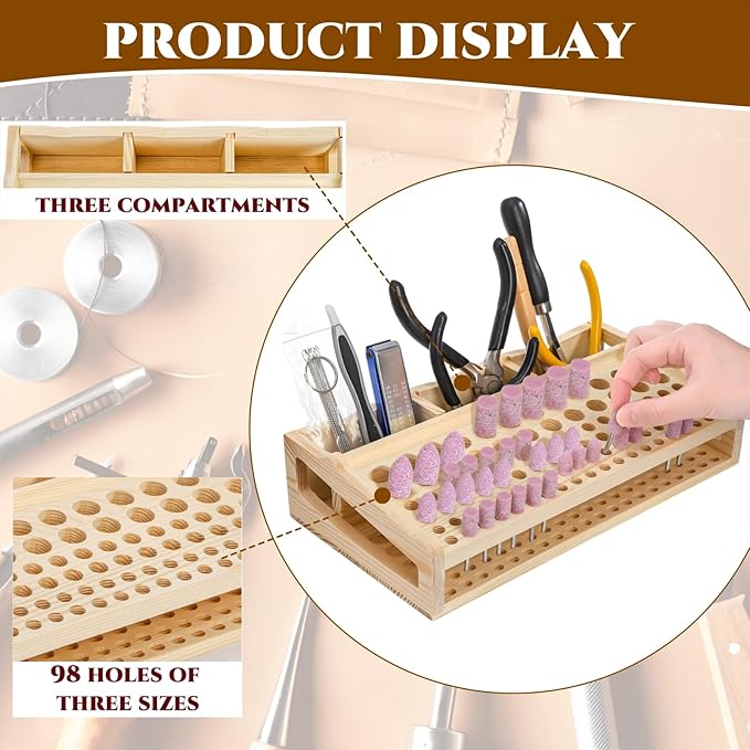 Acshio Leather Craft Tool Holder, 98 Holes Wooden Desktop Leather Working Tools Organizer with 3 Slots, Professional Large Making Punch Tools Rack Stand Storage Box for Brushes, Craft Tools