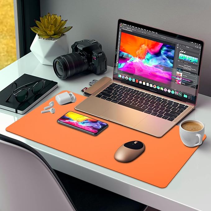 Large Leather Desk Pad Protector, 27.5inch x 13.7inch,Non-Slip Durable Office Desk Mat for Writing, Computer, Laptop, Mouse Pad & Desktop Use,Desk Protector Mat,Orange