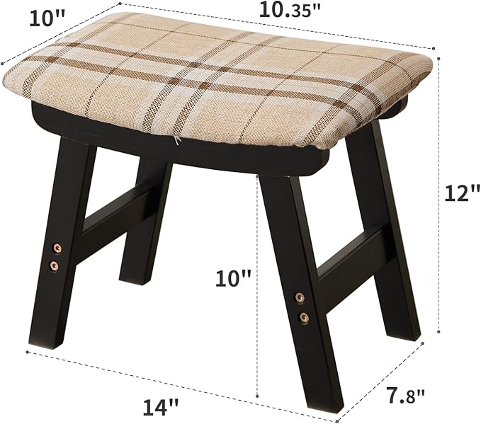 Kitsanery Foot Stool,Ottoman,Bamboo Small Sofa Foot Rest Under Desk,Extra Seating for Living Room, Bedroom and Kitchen (Black Stool Legs - Stripes Surface)