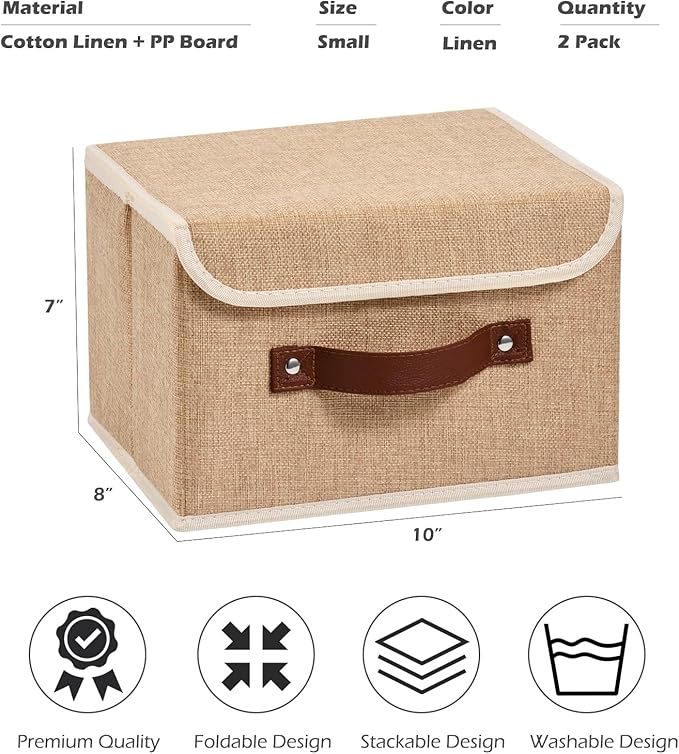 2PCS Storage Boxes with Lid Cotton Linen Fabric Storage Bins Organizer Container Decorative Collapsible Washable Shelf Closet Baskets Faux Leather Handles Home Bedroom (Linen, Small)