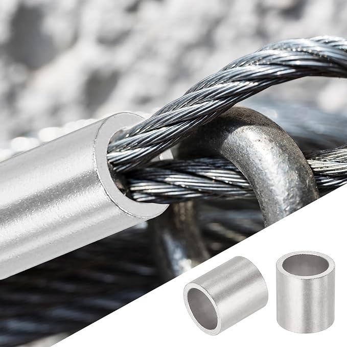 uxcell 3/8"(10mm) Aluminum Crimping Loop Sleeve, Wire Rope Stop Sleeve Round Crimp Ferrules for Wire Rope and Cable Ferrule, Silver 50Pcs
