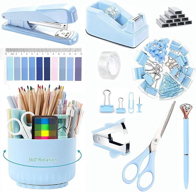 Office Supplies,Bblue Desk Accessories,Office Supplies Set,Desk Organizer,Stapler,Tape Dispenser,Scissors,Staple Remover,Binder Clips,Staples,Ballpoint Pen,Index Tabs with Ruler,Clear Tape.10pcs