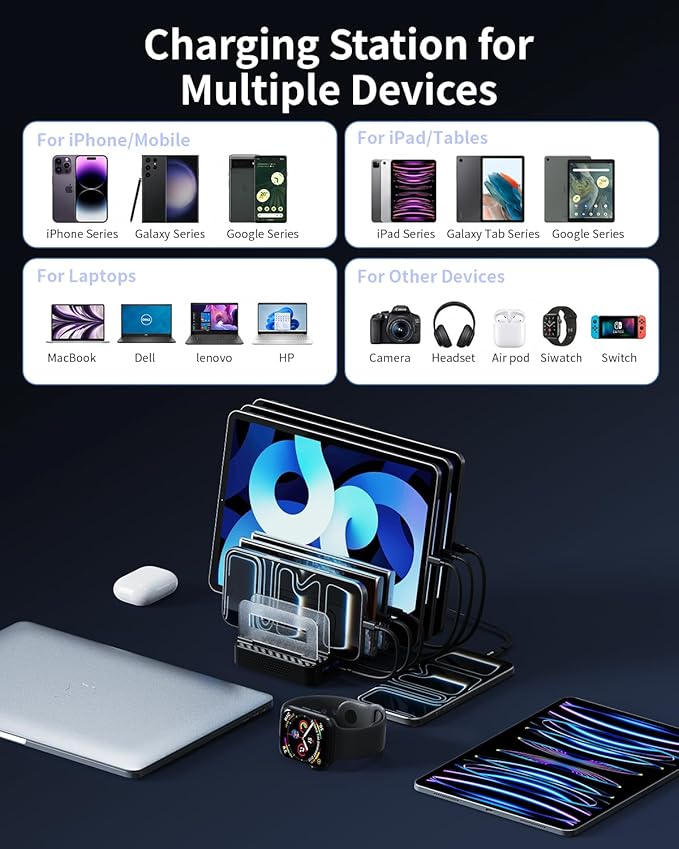 288W Multi Usb Charging Station, 8-Port charging station for multiple devices with Adjustable Dividers & 10 Cables,Multi-Purpose Desktop and wall Fast Charger, for iPhone, iPad, Android,Tablets & More
