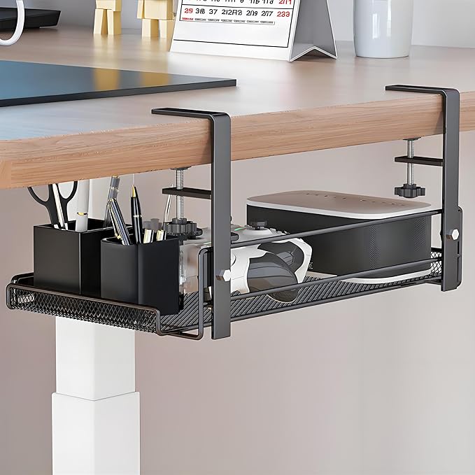 Under Desk Cable Management Tray No Drill, Sturdy Wire Desk Cable Organizer Tray,Wire Management Rack with Side Rails and Storage Organizer for Home Office