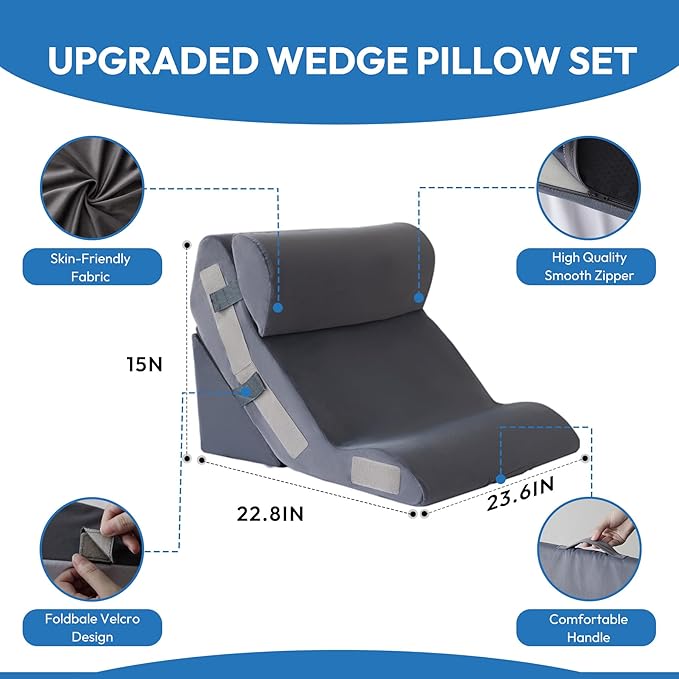 Ahpmeoa 3PCS Wedge Pillow Set for After Surgery, Back Pillow for Bed Sitting up, 10-in-1 Foam Wedge Pillow for Acid Reflux & Back Pain Relief, Post Surgery Pillow for GERD & Snoring, Plush Grey