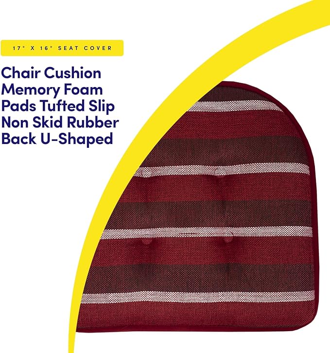 Sweet Home Collection Chair Cushion Memory Foam Pads Tufted Slip Non Skid Rubber Back U-Shaped 17" x 16" Seat Cover, 12 Count (Pack of 1), Bradford Burgundy
