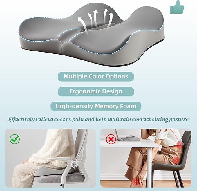 SheRest Seat Cushion, Ergonomic Memory Foam Cooling Cushion, Pressure Relief Suitable for Long Sitting Hours on Office Chairs, Desks, Cars and Airplane Seats, Duplex Gray