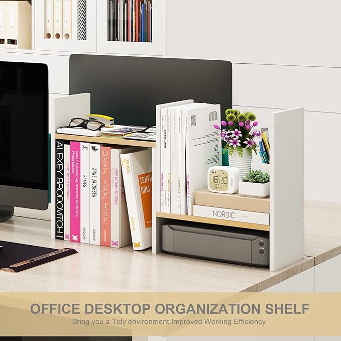 White Desk Organizers and Storage Small Desktop Bookshelf Length Expandable Desk Organization Shelves Counter Corner Book Shelf Adjustable Narrow Book Organizer for Desk Countertop