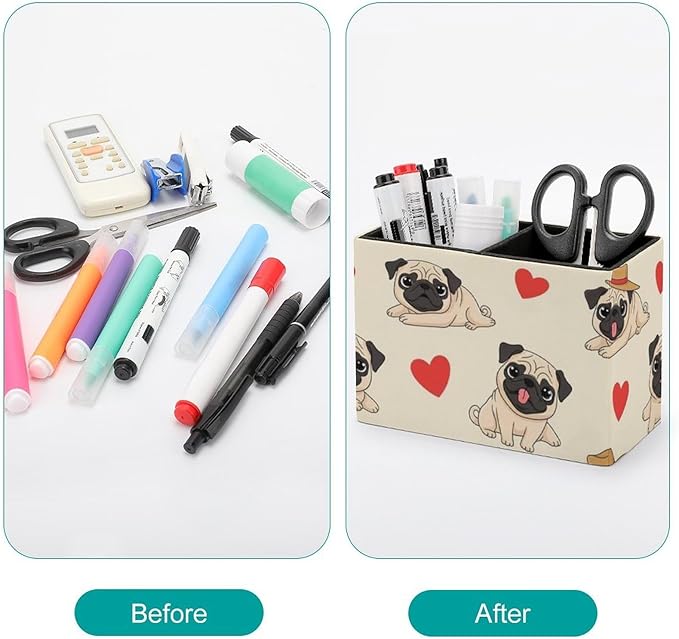 Stylish PU Leather Pen Pencil Holder Red Love Heart Pug, Must-Have Desk Accessory