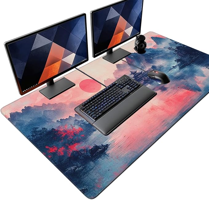 Landscape Ink Painting Gaming Mouse Pad, Extra Large Gaming Mouse Pads, Waterproof, Non Slip, Big Computer Mousepad Mice Pads Desk Pad Stitched Edges for Women Office Home (48"x24", Pink)