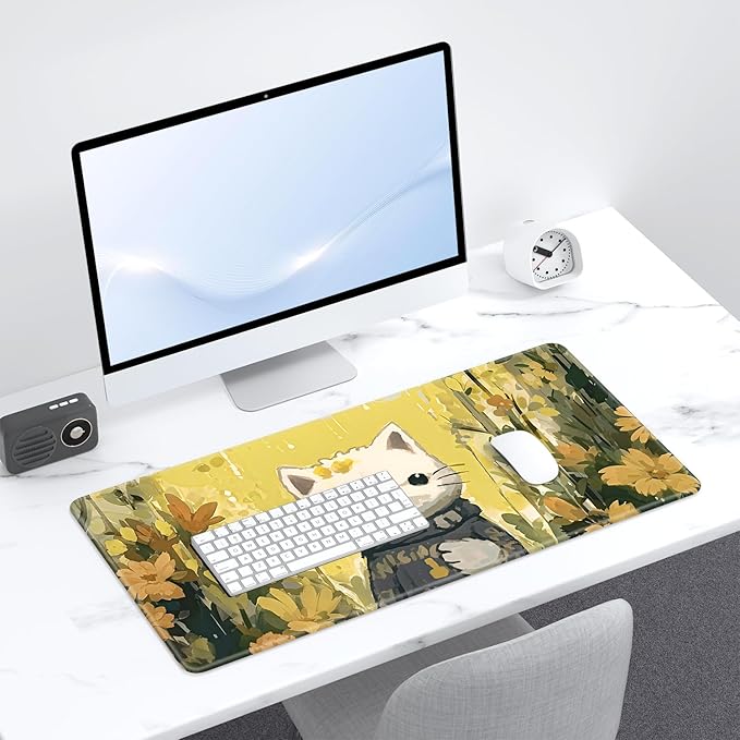 Desk Pad, 32" x 16" XXXL Extended Large Gaming Mouse Pad, Desktop Decor Desk Mat, Men Women Office Supplies and Accessories, Cute Anime Mouse Mat for Laptop & Keyboard, Yellow Flower Cat