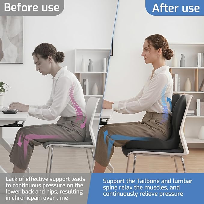 Memory Foam Seat Cushion,Orthopedic Ergonomic Seat Cushions for Tailbone,Sciatica, and Back Pressure Relief,L-Shaped Design & Adjustable Strap,Lumbar Support Pillow for Office,Car,Desk Chair