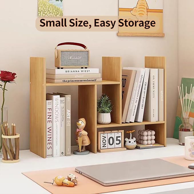 Desktop Shelf Organizer, Adjustable Wood Office Storage Rack, Counter Display Small Bookshelf for Home/Office/School(Light Walnut)