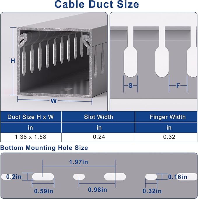 ZhiYo H1.4 W1.6 in Server Rack Cable Management Raceway, 99in (6X L16.5in) Cable Raceway Kit, Electrically Safe PVC Open Slot Wire Cord Hider for Under Desk/Computer/Network Cords, Gray