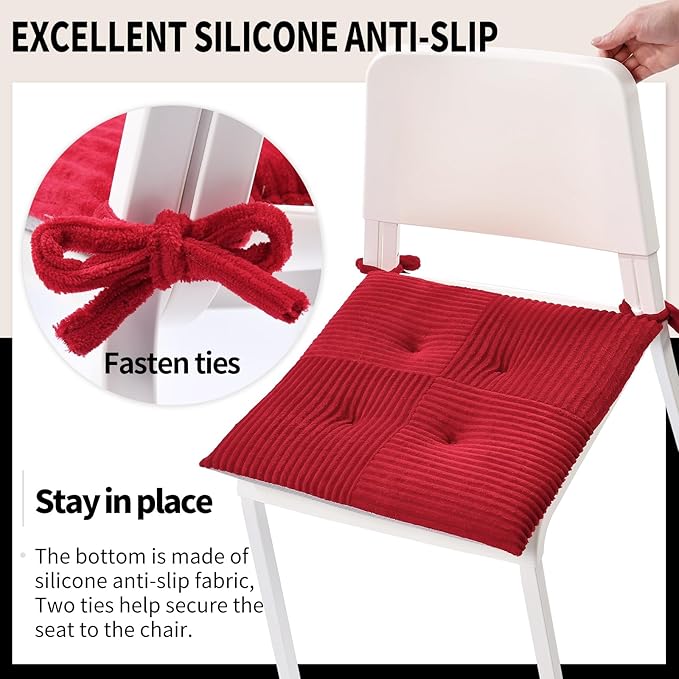 Office Stacking Chair Cushions 4 Pack, Corduroy High Density Foam Kitchen Seat Cushions with Ties, Square 17" x 17" Indoor Non-Slip Dining Chair Pads, Red，4pcs