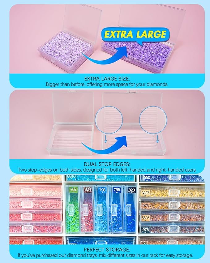 forever young Extra Large Diamond Art Storage Containers Trays ＆ Stand, 48 PCS Diamond Painting Trays with Lids for Adults & Hobbyists, 2-in-1 Organizer for Bead Sorting & Organized Workspace