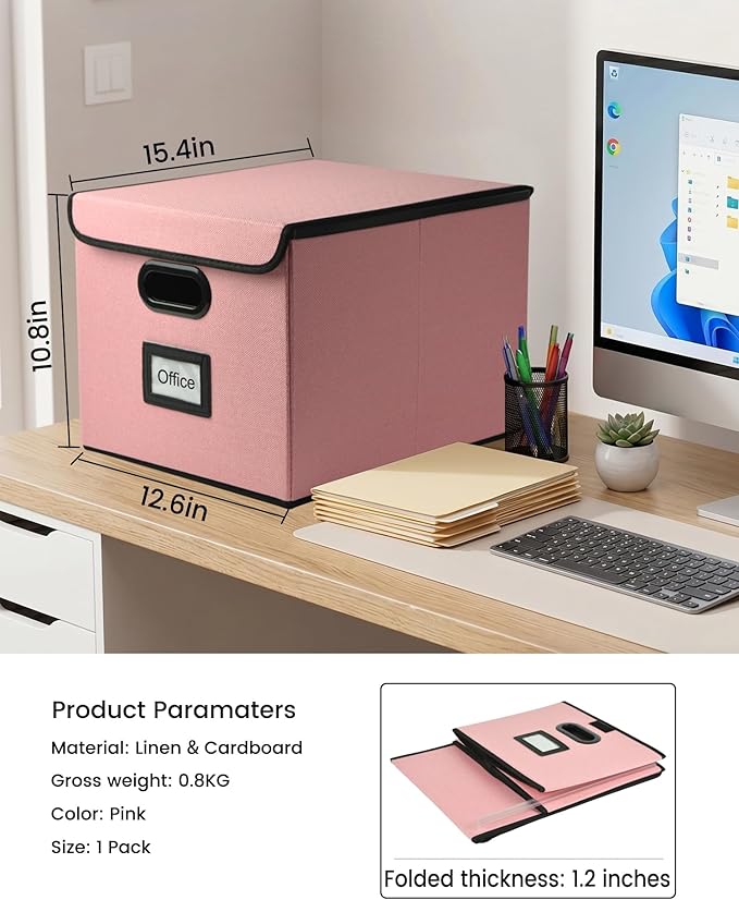 Qerlei File Organizer Boxes with Lids,Collapsible File Folder Organizer with Plastic Slide,Collapsible Filing & Storage Boxes for Office/Decor/Home (Pink, 1 Pack)